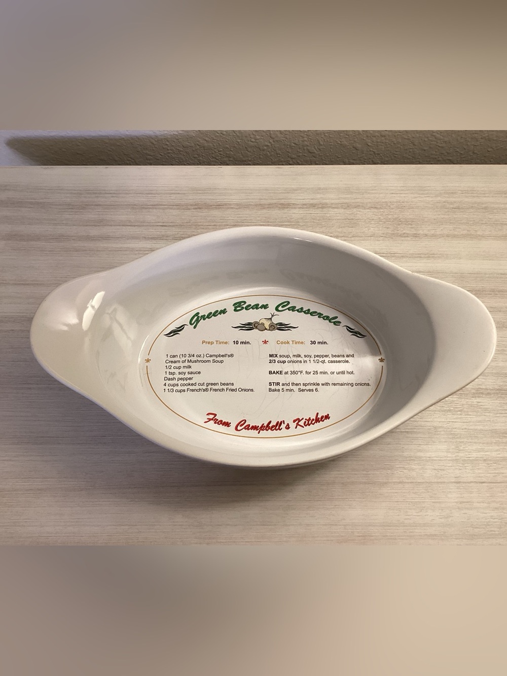 Campbell Green Bean Casserole Ceramic Baking Dish with Recipe VTG